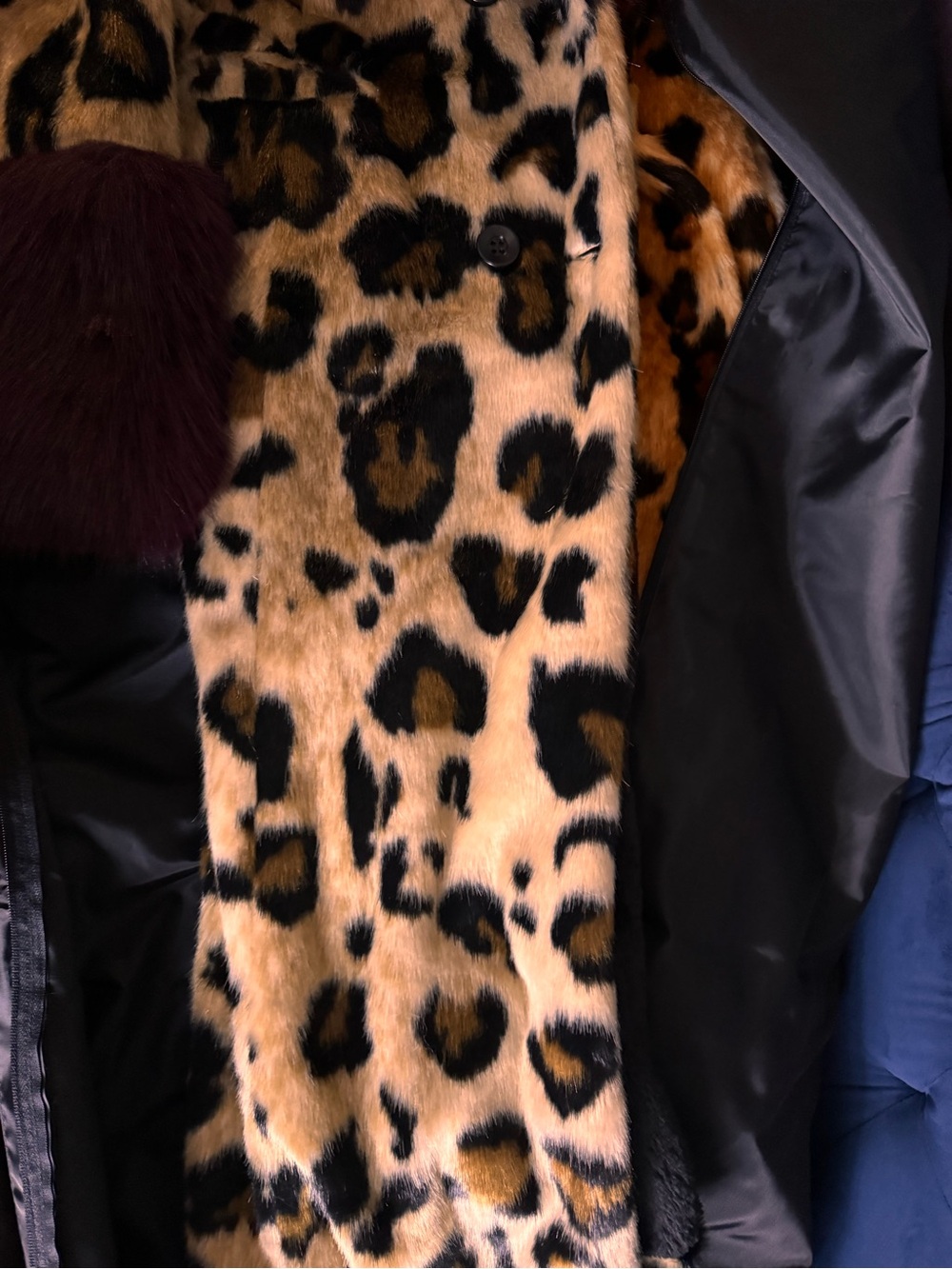 AKIRA Leopard Print Faux Fur Trim Long Coat in Tan and Burgundy - Picture 4 of 5